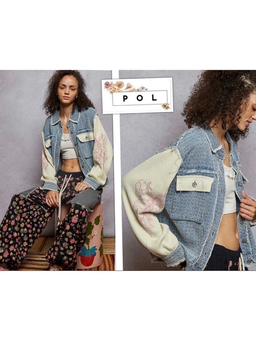 New POL Boho Coastal Cowgirl Embroidered Patchwork Denim Jacket sizes S, M, L